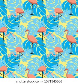 Flamingo and blue tropical leaves seamless pattern on yellow background