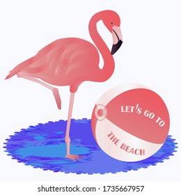 Flamingo and bouncy ball - blue sea - isolated on white background - vector. Summer rest. Let's go to the beach.