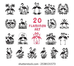 Flamingo bundle art. Cricut file. Vector style, flat design. 