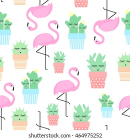 Flamingo con cactus en macetas tiernas sin fisuras. Simple ilustración de la planta de dibujos animados. Cactus adorable estilo dibujo infantil con fondo de pájaro tropical.