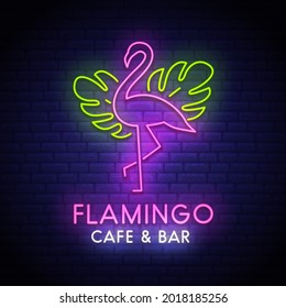 Flamingo cafe and bar. Neon bright sign. Logo. Summer tropical signboard or light bulb banner. Flamingo. Emblem. Vector night neon cafe logo for your design.