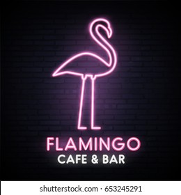 Flamingo cafe and bar. Neon bright sign. Logo. Bright Banner. Flamingo. Emblem. Vector image