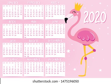 Flamingo calendar for 2020 year. Cute  design, printable planner of 12 months with cute pony horse. Week starts on Sunday. Standard size, ready to print.