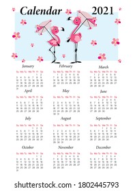 Flamingo. Calendar. Vector baby calendar 2021. Cartoon character. Cute little flamingo and umbrella 
