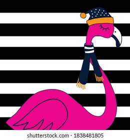 flamingo in cap and scarf on striped background vector illustration