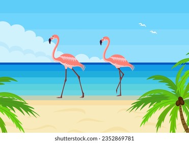 Flamingo. Card or poster. Flat style. Vector illustration 