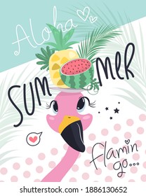 Flamingo carrying plate with fruits on head vector illustration.