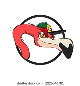 Caricatura de Flamingo en la cabeza de una gorra de béisbol. Ilustración del vector