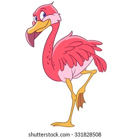 Flamingo. Cartoon character isolated on white background. Colorful design for kids activity book, coloring page, colouring picture. Vector illustration for children.