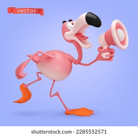 Flamingo cartoon character with megaphone 3d vector icon