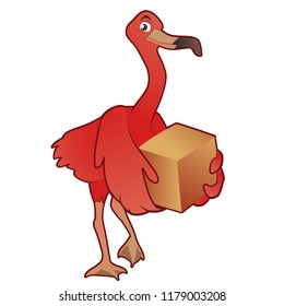 Flamingo cartoon character vector illustration carrying a package or shipment