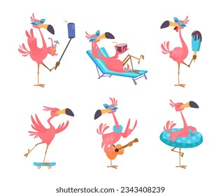 Flamingo cartoon. Cute funny exotic tropical birds in action poses exact vector flamingo