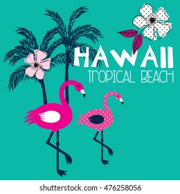 flamingo cartoon with palm tree and hibiscus flower, hawaii tropical beach, T-shirt graphics for kids vector illustration