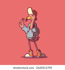Um personagem Flamingo vestido como uma ilustração vetor bully. Mascote, conceito de design animal.