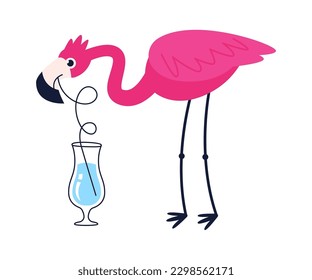 Flamingo character drink cocktail. Vector illustration