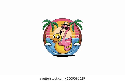 El personaje flamenco está montando un flotador de pato en el diseño del Vector de playa