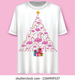 Flamingo, Christmas tree, Vector Illustration. T-Shirt design.