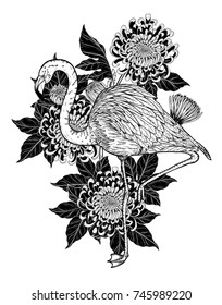 Flamingo with Chrysanthemum vector by hand drawing.Birds and flower tattoo highly detailed in line art style.Flower tattoo black and white concept.