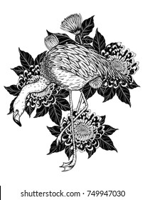 Flamingo with Chrysanthemum vector by hand drawing.Birds and flower tattoo highly detailed in line art style.Flower tattoo black and white concept.