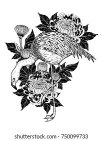 Flamingo with Chrysanthemum vector by hand drawing.Birds and flower tattoo highly detailed in line art style.Flower tattoo black and white concept.