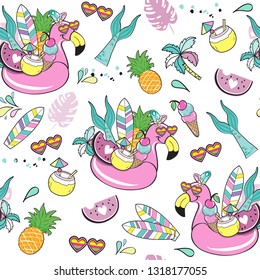 flamingo circle with summer items seamless pattern on a white background