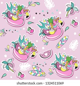 flamingo circle with summer items seamless pattern on a pink background