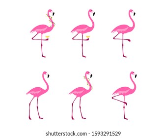 Flamingo clipart set. Tropical birds drawing. Celebration and party decoration. Isolated on white.  Colorful cute cartoon design. Vector illustration.