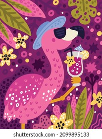Flamingo with cocktail in jungle. Exotic bird card in tropical paradise. Summer holiday print with cute character in cartoon style. Vector hand drawn illustration 
