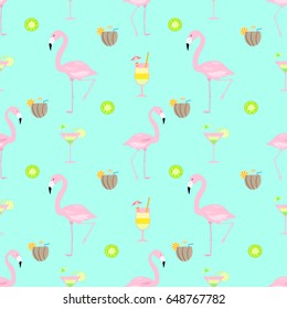 Flamingo coconut cocktail seamless vector pattern