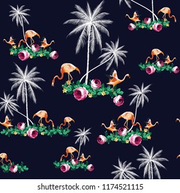 Flamingo Coconut Palm Tree pattern on navy