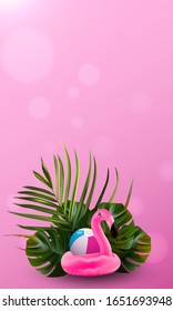 Flamingo collection banner. Floral jungle palm background. Summer tropical bird. Floral illustration. Colorful tropical leaves banner.