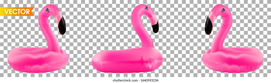 Flamingo collection inflatable set toys. Tropical pink realistic bird isolated on white background. Float flamingo.