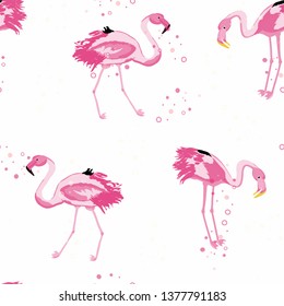 Flamingo and colored confetti on a white background tropical seamless pattern. Brazilian celebration with pink flamingo and round colored flying confetti endless pattern.