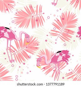 Flamingo and colored confetti on a white background tropical seamless pattern. Brazilian celebration with pink flamingo and round colored flying confetti endless pattern.
