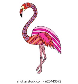 Flamingo colorful doodle with abstract pattern. Pink flamingo. Vector illustration. Hand drawn zentangle. Ornamental pattern for print, poster and t-shirt design. Made by trace from sketch.