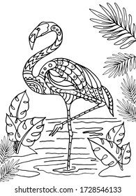 Flamingo coloring book. Hand-drawn coloring book for children and adults. Beautiful drawings with patterns and small details. See more coloring pages in the collections. Vector illustration