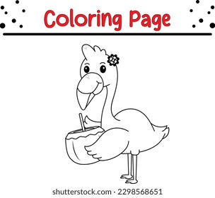 Flamingo coloring page for kids. Black and White cartoon vector illustration.