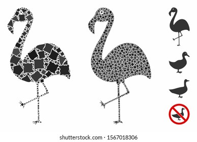 Flamingo composition of humpy parts in various sizes and color tinges, based on flamingo icon. Vector joggly parts are grouped into composition. Flamingo icons collage with dotted pattern.