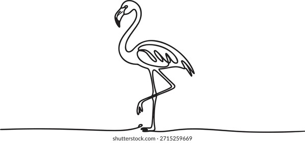 Dibujo de línea continua Flamingo. Diseño de pájaro tropical minimalista de estilo de línea única. Ilustración vectorial aislada negra sobre fondo transparente. Obra de arte de contorno de vida silvestre de animales exóticos. Concepto de naturaleza elegante.