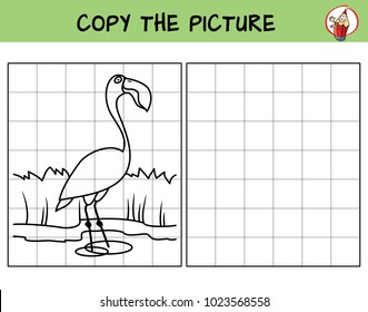 Flamingo. Copy the picture. Coloring book. Educational game for children. Cartoon vector illustration