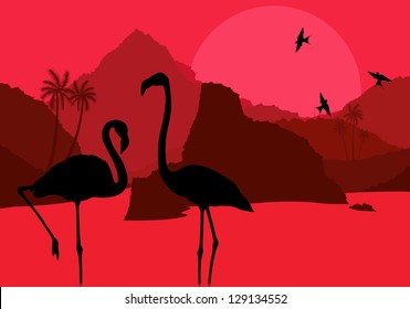 Flamingo couple in Africa wild nature mountain landscape background illustration vector