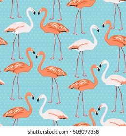 Flamingo couple beak to beak seamless pattern. Exotic leggy wading birds species. Blue polka dot background. Vector design element for decoration, fabric, wrapping, wedding or valentine day card.