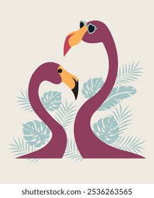 Flamingo couple bird and heart vector illustration with tropical background for girls t-shirt graphics.