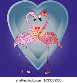 Flamingo couple in cartoon style vector illustration. Against the background of the heart and the sea, a pair of flamingos look at each other, forming a heart with bends of the neck