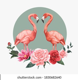 Flamingo-Pärchen und Blumenstrauß auf kreisförmigem Hintergrund