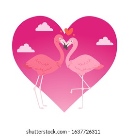Flamingo couple in love cartoon animal lovers characters on loving date on Valentines day, kissing loved bird vector illustration in heart. Flamingo couple love card.