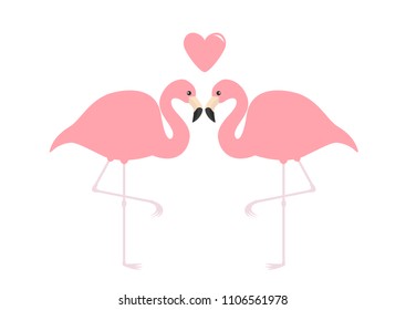 Flamingo couple Pink heart. Exotic tropical bird. Zoo animal collection. Cute cartoon character. Love greeting card. Flat design. Valentines day symbol. White background Vector illustration