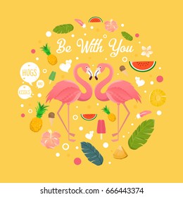 Flamingo couple in summer with many fruits illustration