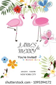 Flamingo couple. Wedding invitation card. Flamingo theme. Tropical flowers. Baby shower, Summer party card