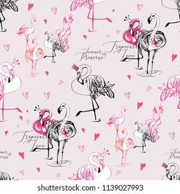 Flamingo couples pattern. Tropical birds on pink background. Black hand drawn graphic illustration.